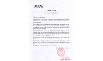 Thông báo tăng giá các sản phẩm Mani